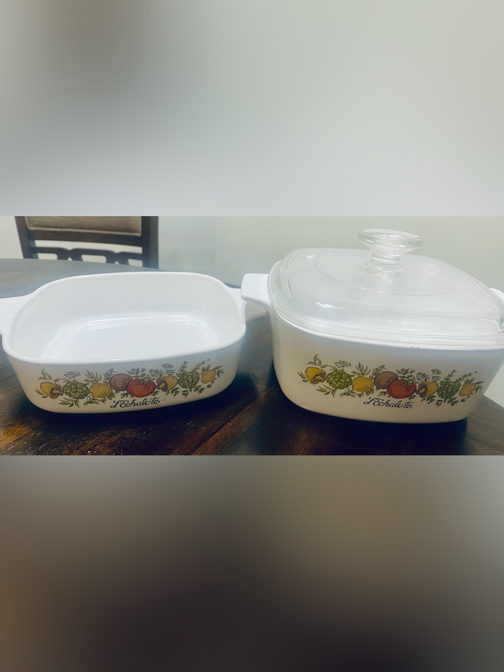 Corning ware- White Covered Casserole with Red Tomato and Green Artichoke Motif